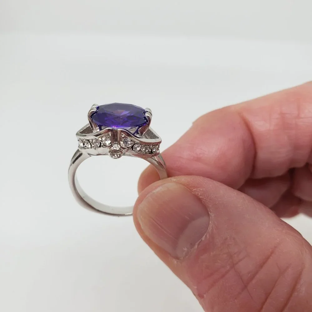 Simulated Amethyst & Rhinestone Silver Tone Ring Size 6 - Picture 8 of 10
